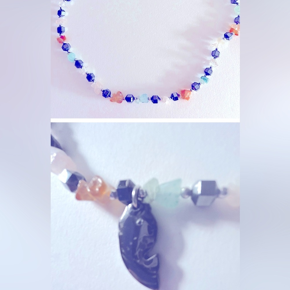 Necklace Green Aventurine, Hematite fish charm, Rose Quartz, Carnelian 16” beads